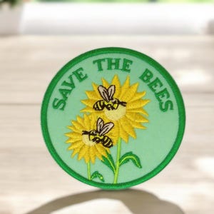 Patch brodé Save the Bees – Écusson thermocollant abeilles & tournesols 7,5 cm – Patch écologique à coudre ou repasser