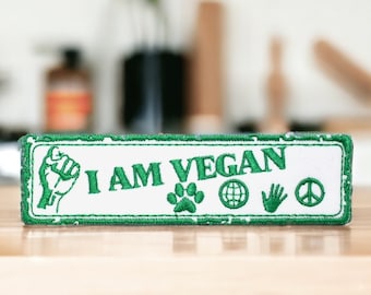 Gestickter Aufnäher „ICH BIN VEGAN“, bestickter Aufbügelaufnäher „Veggie“, individuelle Gestaltung von Kleidung, Geschenkidee für Vegetarier