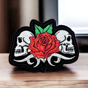 Skulls patch, embroidered badge 2 skeletons with red rose, 9.5 cm image 1