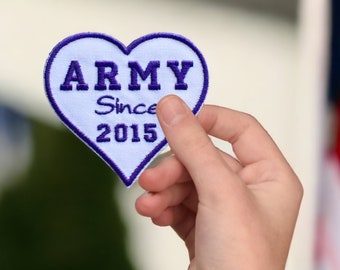 Bts army patch brodé,  fan club je suis army depuis 2013, 2014... écusson en forme de coeur pour chapeau, tshirt, idée cadeau pour les fans