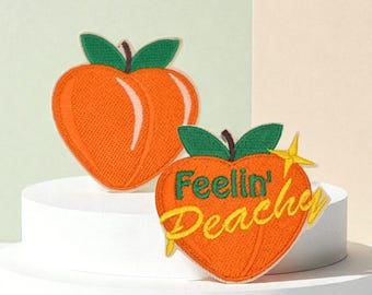 Peach embroidered patch, Feelin’ Peachy iron-on fruit patch, 2 styles