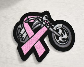 Patch Brodé Ruban Rose Moto – Écusson Biker Octobre Rose Thermocollant 8,7 X 7 Cm - France