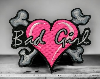 "Bad Girl" patch, embroidered heart with bones, iron-on patch for a punk and rocker look on a denim jacket, backpack