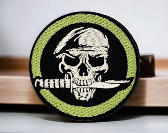 Skull patch, skeleton badge with knife, iron-on embroidered patch, biker applique, clothing customization