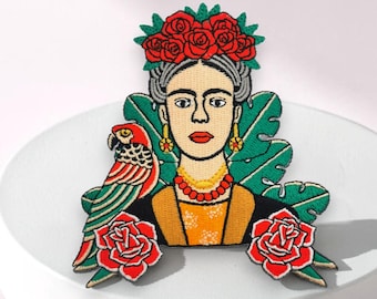 Frida embroidered patch, iron-on portrait patch with roses and parrot