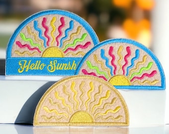 Écusson Hello Sunshine, patch brodé soleil, soleil brodé en feutre vintage, 3 modèles de soleil et 2 tailles, patch personnalisable