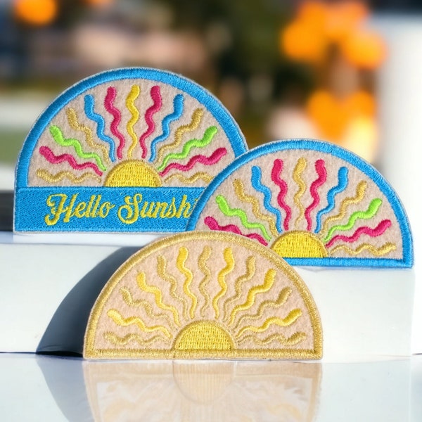 Écusson Hello Sunshine, patch brodé soleil, soleil brodé en feutre vintage, 3 modèles de soleil et 2 tailles, patch personnalisable