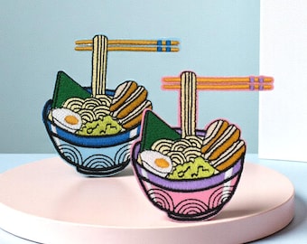 Embroidered ramen patch, iron-on Japanese noodle bowl patch, pink or blue