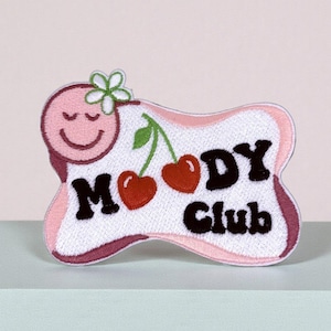 Moody Club embroidered patch, retro iron-on smiley cherry patch