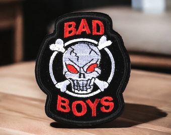 Bad boys embroidered patch, punk iron-on patch, skull, 7.3 cm