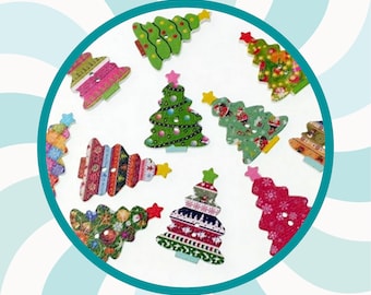 20 boutons sapins de Noël, boutons décorations de Noel, boutons en bois 2 trous, projets couture 3,5 cm