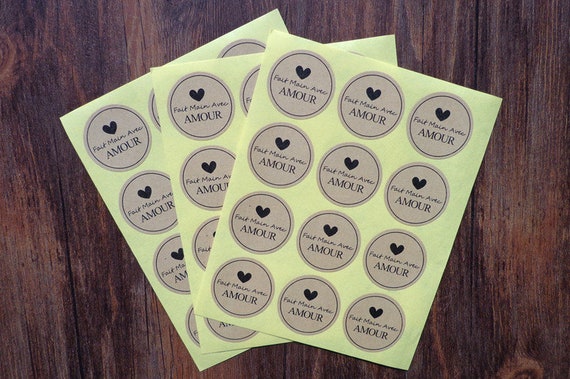 50 étiquettes adhésives Fait main coeur stickers Handmade with love DIY 3,5 cm