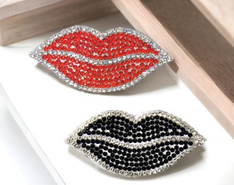 2 patchs bouches strass, écussons bouches perles, patchs bouches bijoux thermocollants pour customisation, bouche strass 6 cm