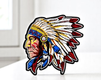 Parche bordado de jefe indio - Insignia termoadhesiva con tocado nativo americano - Tamaño grande para chaqueta, espalda o bolso personalizado (13,5 x 12 cm)
