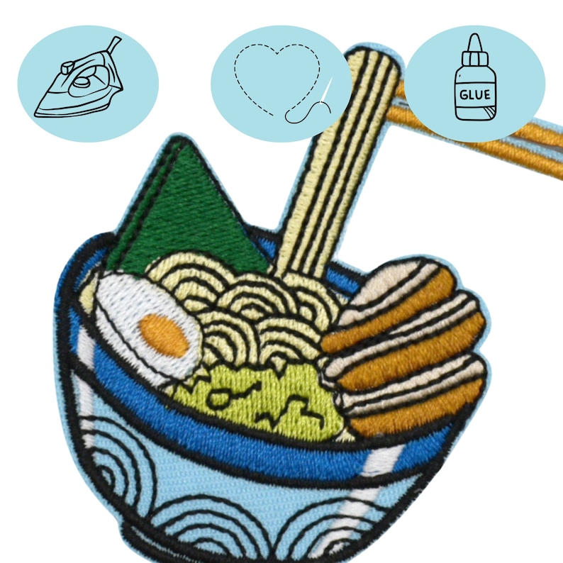 Patch brodé bol de nouilles, écusson thermocollant ramen, soupe de nouilles, idée cadeau pour les petits et les grands Bleu