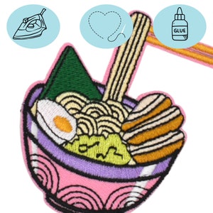 Patch brodé bol de nouilles, écusson thermocollant ramen, soupe de nouilles, idée cadeau pour les petits et les grands Rose