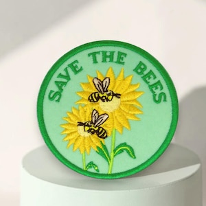 Save the Bees bee patch, embroidered iron-on patch with bees and sunflowers, 7.5 cm