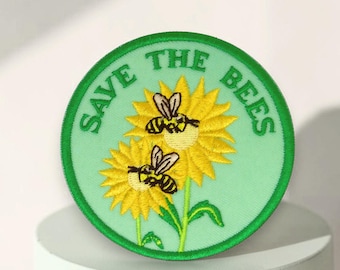 Save the Bees bee patch, embroidered iron-on patch with bees and sunflowers, 7.5 cm