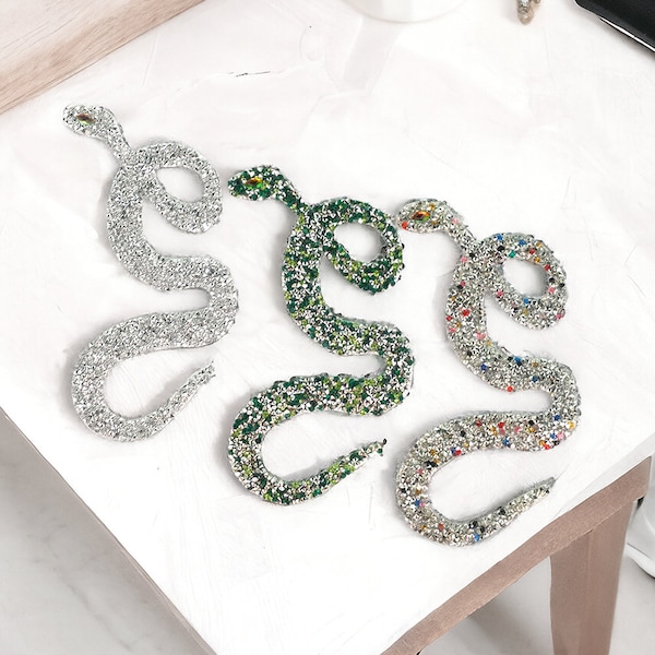 Patch serpent en strass, écusson serpent thermocollant perles, customisation de vêtements et accessoires, applique bijou 17 cm