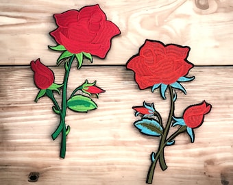 Large embroidered red rose patch, iron-on badge, flower applique, customization of clothing and accessories