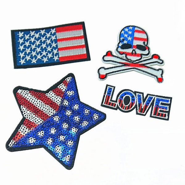 Set de 4 patchs USA, patchs drapeau américain,patchs à sequins, patch étoile, patch love, patch thermocollant tête de mort USA,