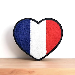 Parche de corazón de chenilla bordado de Francia, parche termoadhesivo tricolor azul, blanco y rojo imagen 1