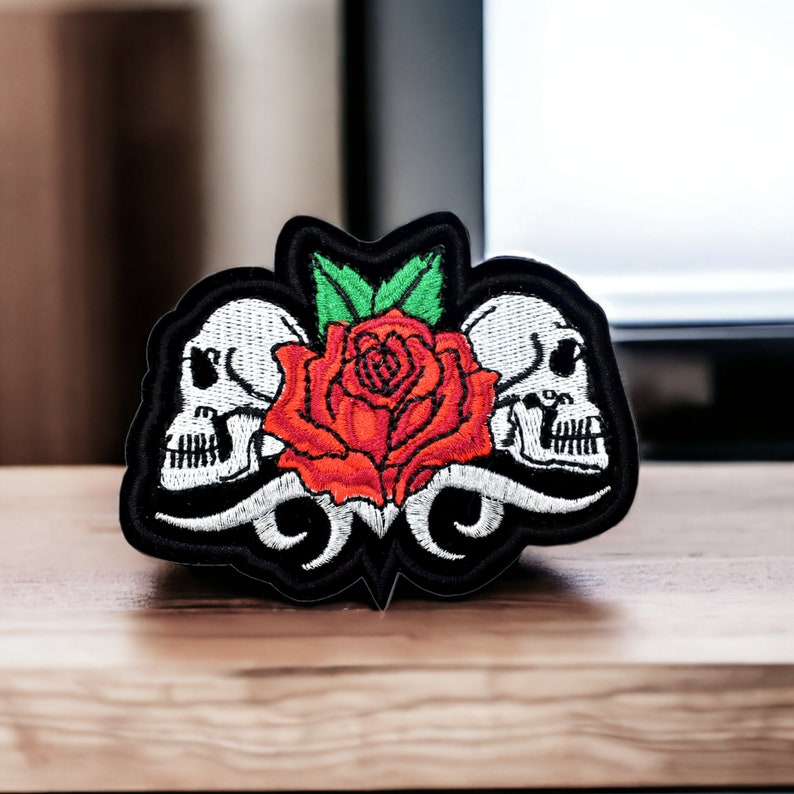 Skulls patch, embroidered badge 2 skeletons with red rose, 9.5 cm image 1