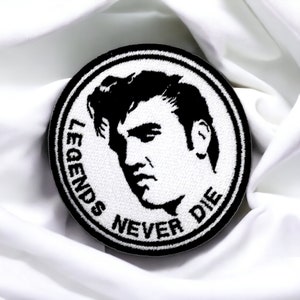 Elvis Presley embroidered patch, legends never die, rock music icon, rockabilly, customizable badge, 7.5 cm