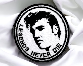 Elvis Presley geborduurde patch, legendes sterven nooit, rockmuziekicoon, rockabilly, aanpasbare badge, 7,5 cm