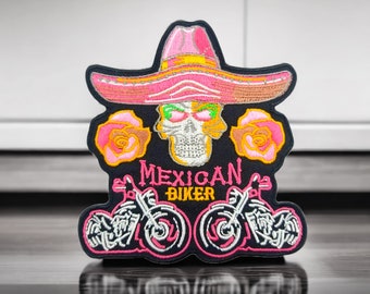 Patch tête de mort avec motos, "Mexican Biker", squelette avec sombrero 9,8 cm