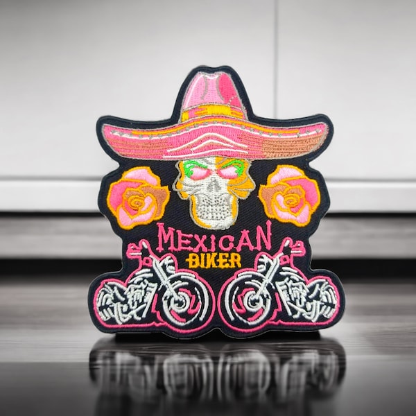 Patch tête de mort avec motos, "Mexican Biker", squelette avec sombrero 9,8 cm