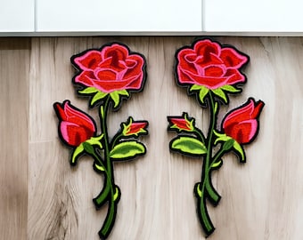 Grand patch rose rouge brodée, écusson thermocollant, applique fleur, customisation de vêtements et accessoires