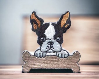 Dog patch, French bulldog, dog with embroidered bone, iron-on badge for customization 7 cm
