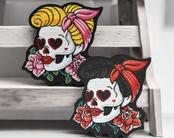 Pin-up rockabilly, patch brodé pin-up Catrina, écusson thermocollant pour décorer tshirt, veste, 10 cm