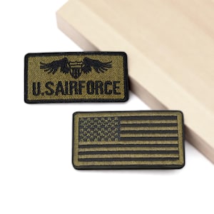 Patchs brodés US Air Force & drapeau USA - écussons thermocollants style militaire kaki et noir