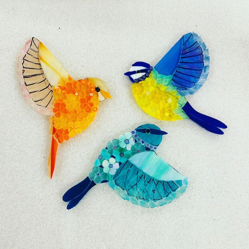 Blank Transparent Shapes for Stained Glass Mosaic, Panels, Posters, Sun-catchers. Blue Tits set of 3