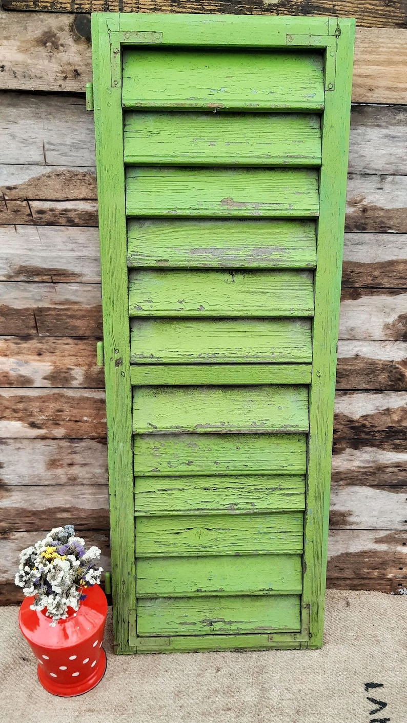 Rustic Green Primitive Mid Century Farmhouse Window Shutters, wooden shutter, Old window shutter, Rustic Wood Shutter, shutters wall decor image 2