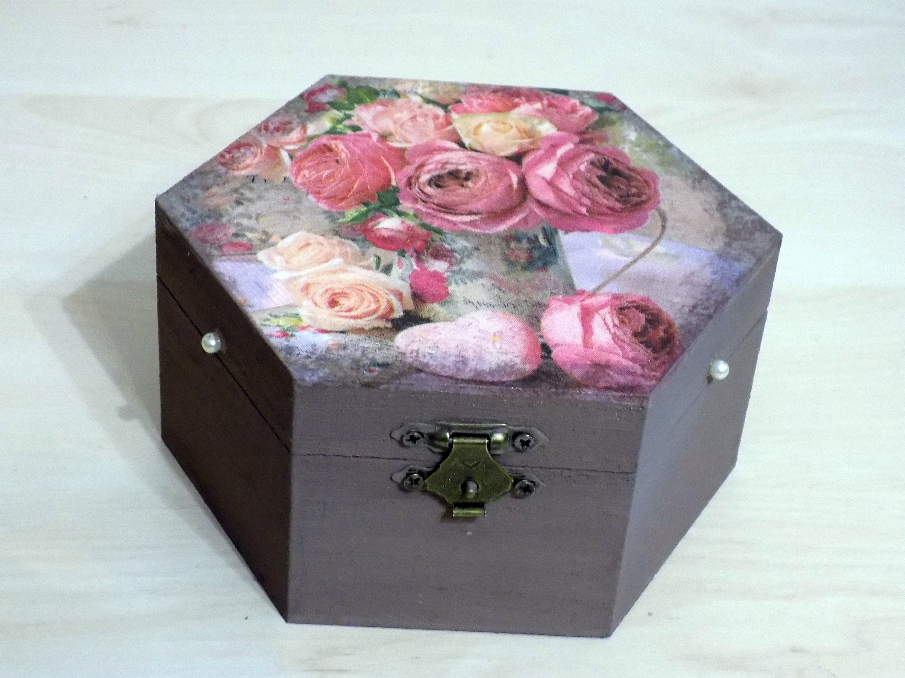Decoupage jewelry box Wooden keepsake storage box Rustic vintage box
