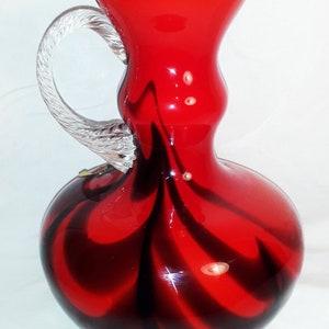 Murano Large Vintage Italian Exquisite Ruby Red Hand Blown cased glass vase with handle, Handkerchief Vase, Blown Glass, Glass Sculpture