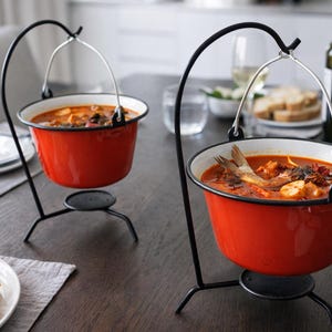 Serveerschaal mini hangende ketel, geëmailleerde campingwaterkoker, rustieke serveerschaal