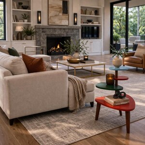May include: A living room scene featuring a beige sectional sofa, a leather armchair, and a multi-tiered side table. The side table has red, green, and blue surfaces. A fireplace and large windows are also visible.