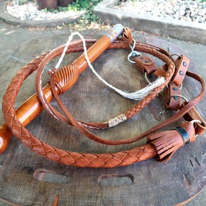 Handcrafted 1960s Hungarian Ring Whip length 330 cm, Traditional Leather Bullwhip with Detailed Handle, Equestrian Tool and Collectible