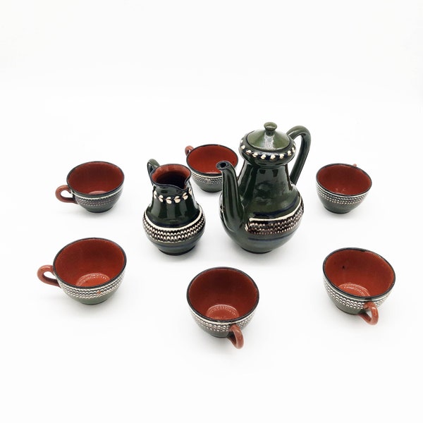 1970's Vintage Handmade 8-piece Green Flower Pattern Coffee and Tea Ceramic Set, tea set gift, tea service set, Coffee service set