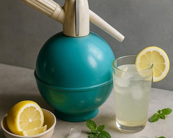 Pode incluir: Um sifão de soda vintage turquesa com uma alça e bico creme, ao lado de um copo de limonada enfeitado com uma fatia de limão e folhas de hortelã. Uma tigela com fatias de limão e cubos de gelo também estão presentes.
