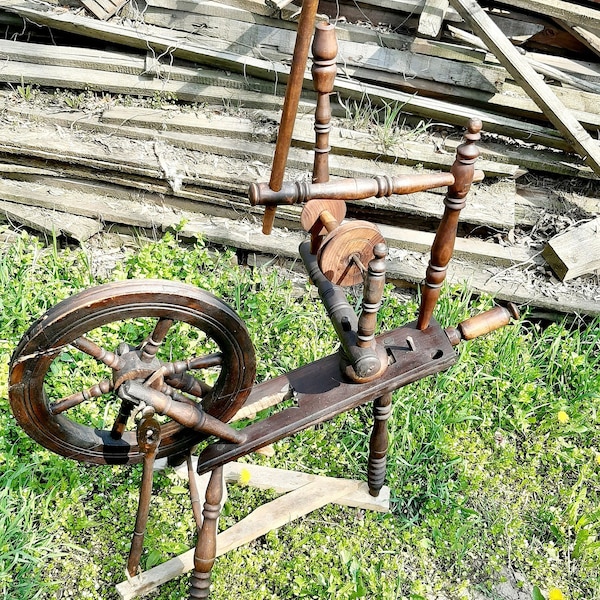 1800s Rustic Saxony wooden large weaving loom Spinning Wheel for fiber, fiber arts supplies, weaving loom accessories, weaving loom beginner
