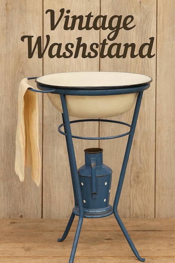 ヴィンテージブルーエナメル洗面台（洗面器とピッチャー付き）、素朴な