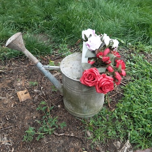 Vintage Hungarian Gray Galvanized Garden Watering Can with irrigation head, zinc watering can, Farmhouse Home Country, Gardening tool