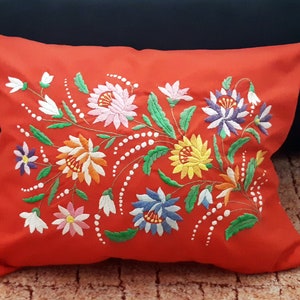 Traditional Vintage Hungarian colorful Hand Embroidery Hungarian Kalocsa Floral Cotton Pillow case from the 60s, Floral red pillowcase
