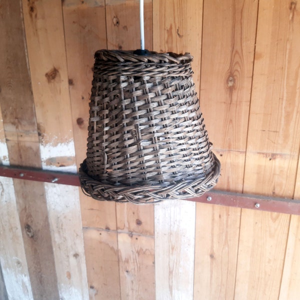 vintage Up-Cycled Wicker Basket Light Wooden Pendant Lampshade, Hanging lamp 50s Light, Repurposed Kitchen Light