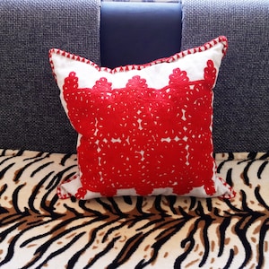 Red Hand-Embroidered Hungarian Kalotaszegi Decorative Pillow Cover - Traditional Folk Art Design from Transylvania